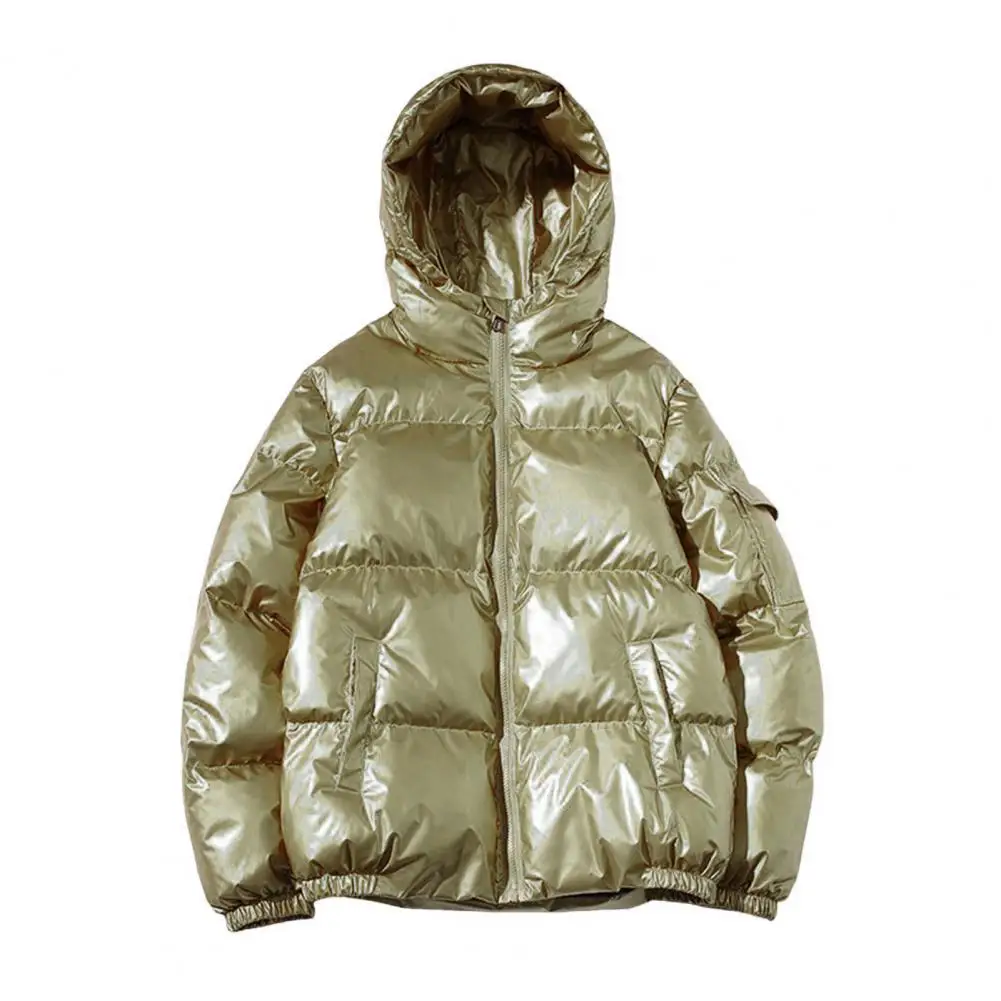 Winter-Parkas für Herren, Baumwollmantel mit Kapuze, langärmelig, hochglänzende Oberfläche, gesteppte Jacke mit Taschen, lockere Passform, verdickt, warm, kurz