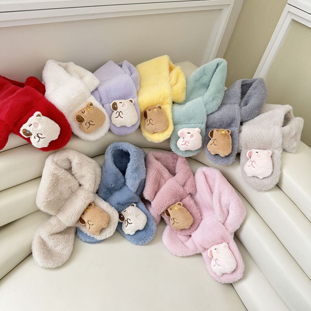 2pcs Kawaii Kapibala Plush Scarf Kapibala Shaped Thicked Cross Neck Warmer Neck Wrap Solid Color Children's Kapibala Scarf