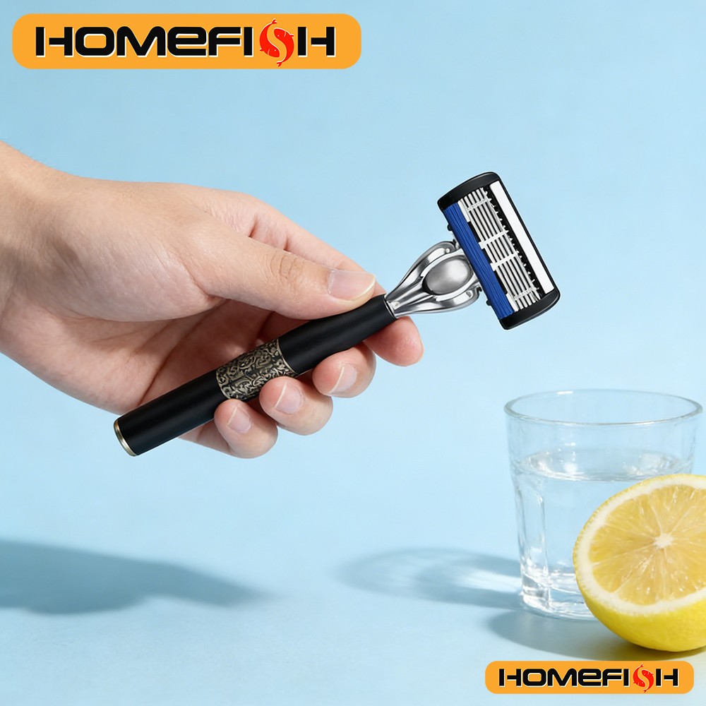 6-Layer Stainless Steel Manual Men's Razor - Washable Metal Beard Razor with Hand Guard & Metal Holder