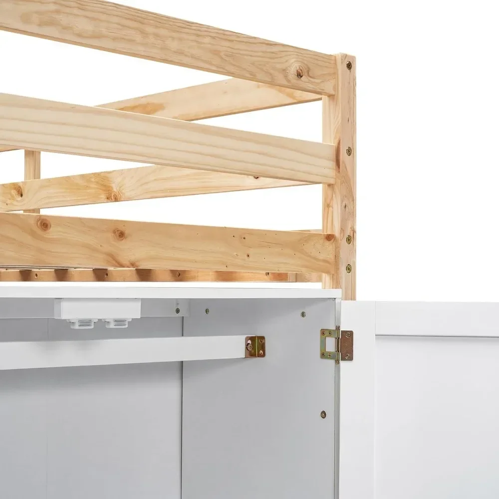 Wood Twin Size Loft Bed Frame with Built-in Storage Wardrobe and 2 Windows, Playful Design Beds with Safety Guardrails and Stair
