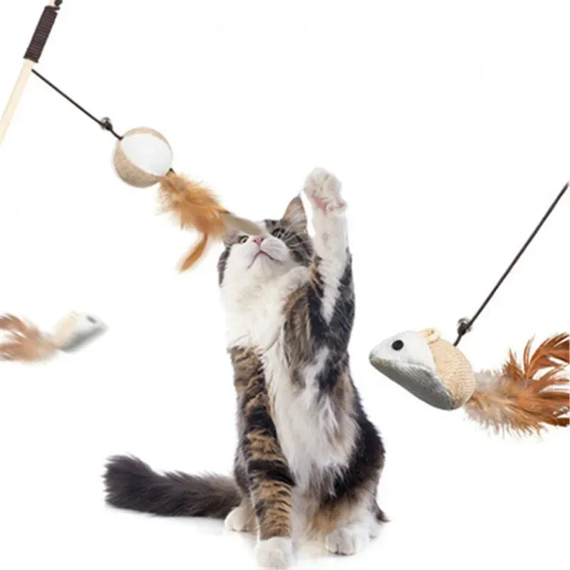 Jouets Teaser pour chat de 40cm, baguette en lin et plumes, attrape-chat, jouets interactifs, tige en bois, jouet souris avec Mini cloche