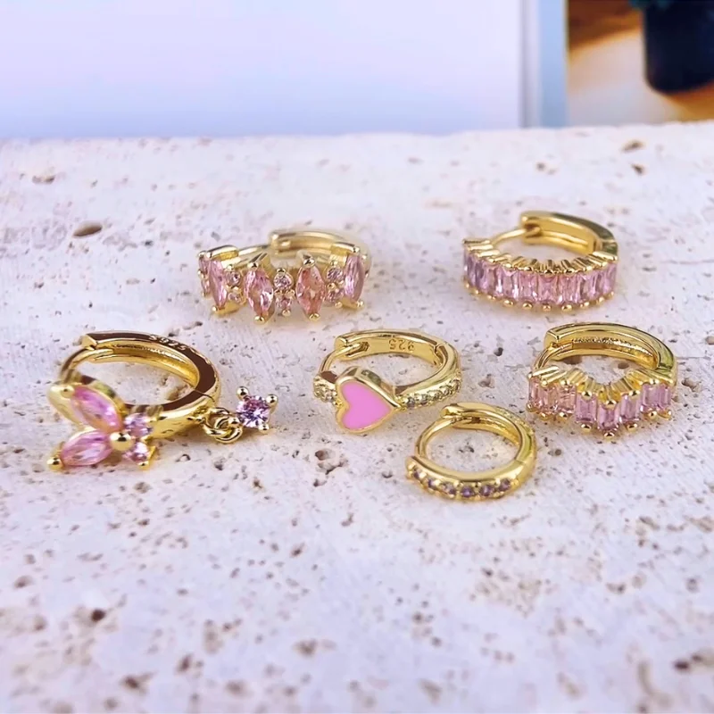 Pendientes de aro de corazón de cristal rosa con aguja de Plata de Ley 925 para mujer, pendientes colgantes geométricos a la moda, regalos de joyería de lujo