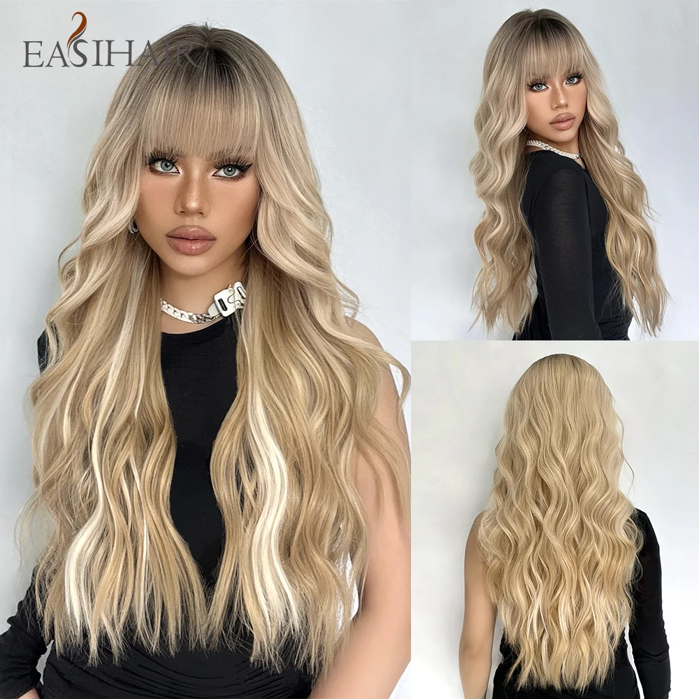 EASIHAIR Long Curly Synthetic Wigs with Bangs Blonde with Platinum Highlight Wig for Women Silky Hair Heat Resistant Cosplay Wig