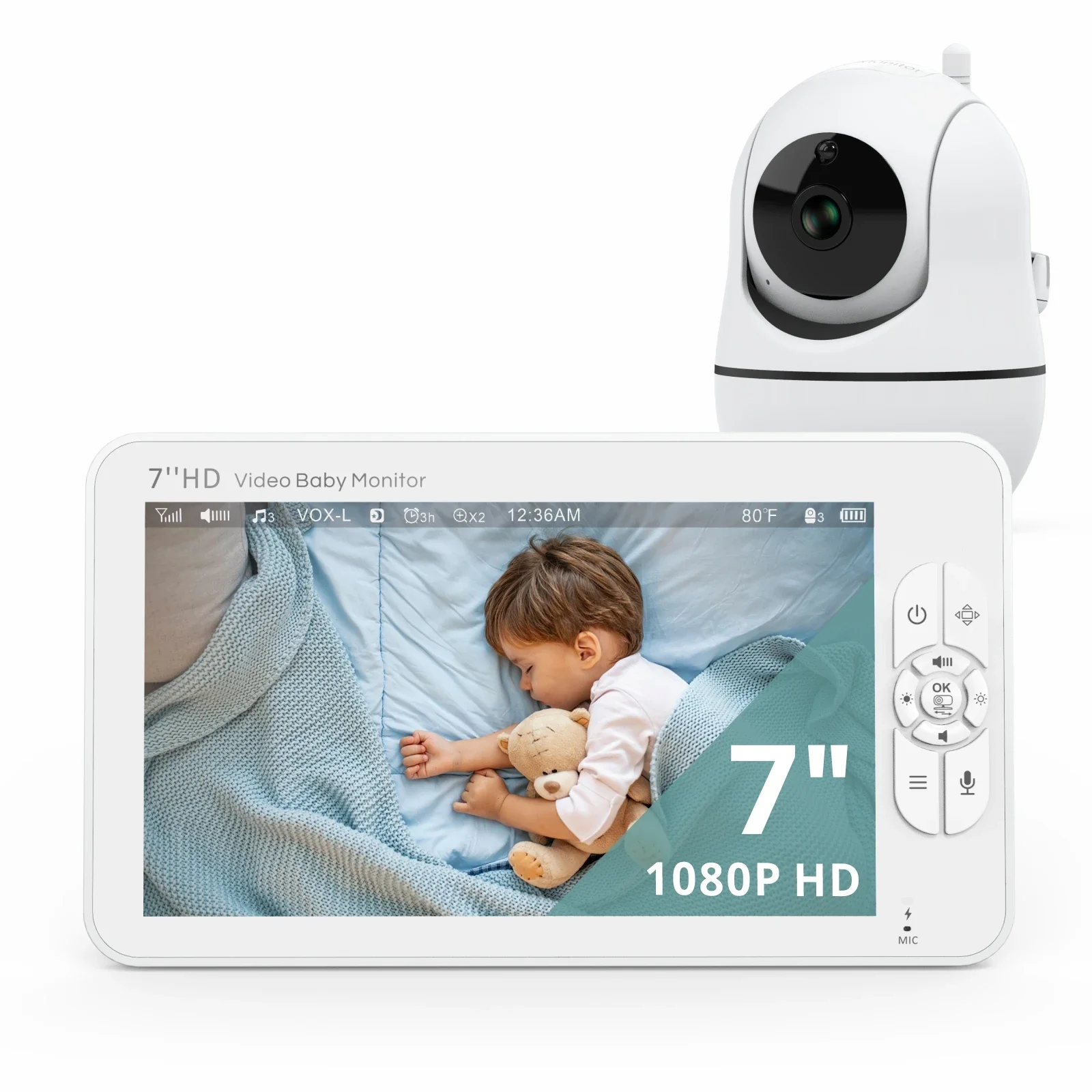 Babystar Monitor de vídeo para bebés de 7", pantalla HD de 1080P, IPS, compatible con 2 cámaras HD, duración de la batería de 24 horas, alcance de 1000 pies, modo dividido, teléfono para bebés