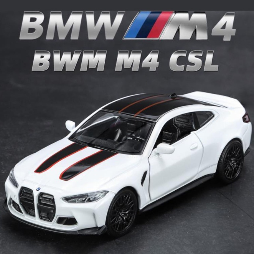 Modelo de coche de juguete de aleación BMW M4 CSL, Metal de alta simulación, puerta genuina abierta, función extraíble, colección de regalos de cumpleaños para niños, 1/36