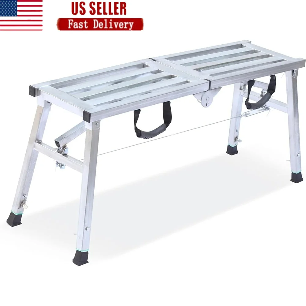 Adjustable Folding Scaffolding Platform Steel Step Ladder Portable 400lbs Duty Rating RV Cleaning Work Support Anti-Slip Design