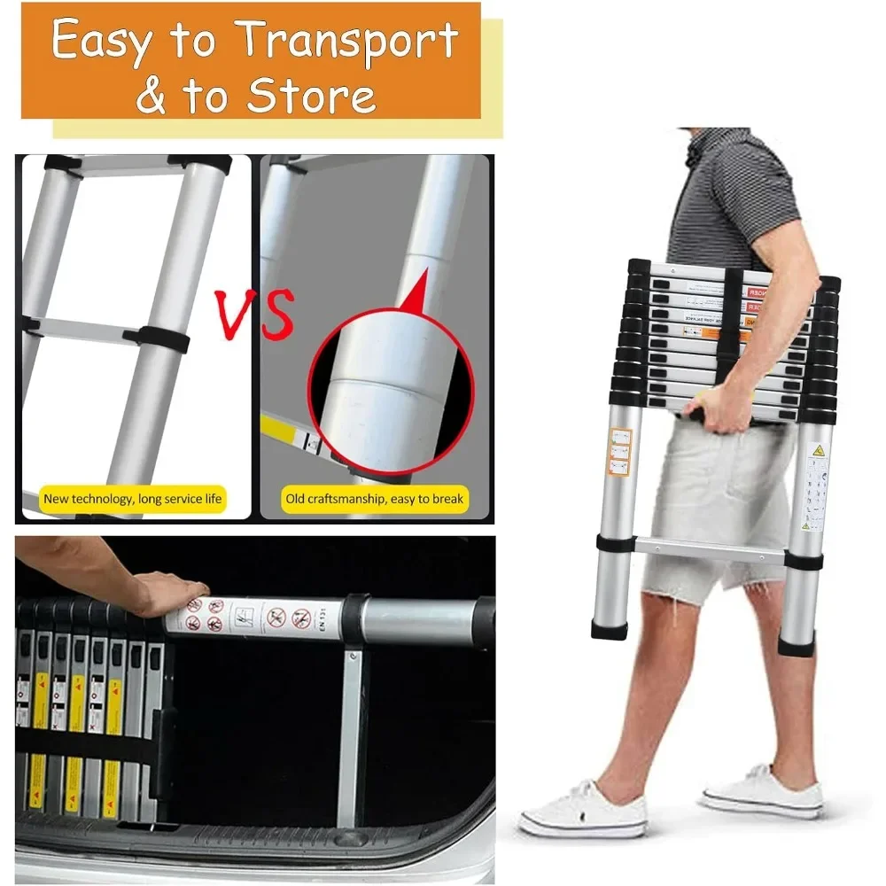 Aluminum Telescopic Ladder with 2 Detachable Hooks, 36lbs Weight, Adjustable Height, 330lbs Load for Home or Industrial Use