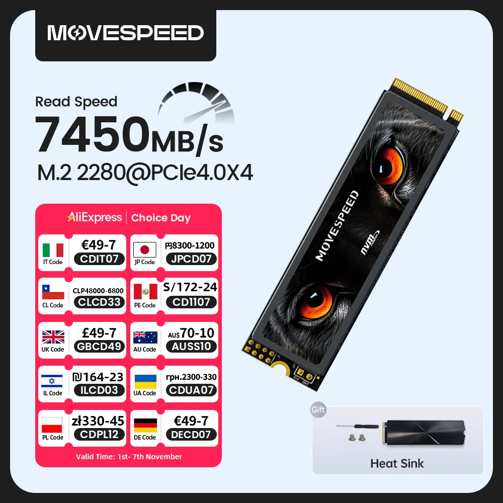 Movespeed 7450 mb/s ssd nvme m.2 2280 4tb 2tb 1tb disco rígido de estado sólido interno m2 pcie 4.0x4 2280 ssd unidade para ps5 computador portátil
