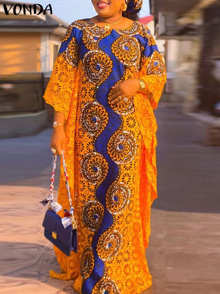 Vonda-ヴィンテージマキシドレス,女性用,3/4袖,カジュアル,ルーズ,ボヘミアン,フローラルプリント,ロング,サンドレス,バケーションドレス,ラージサイズ,5xl,夏