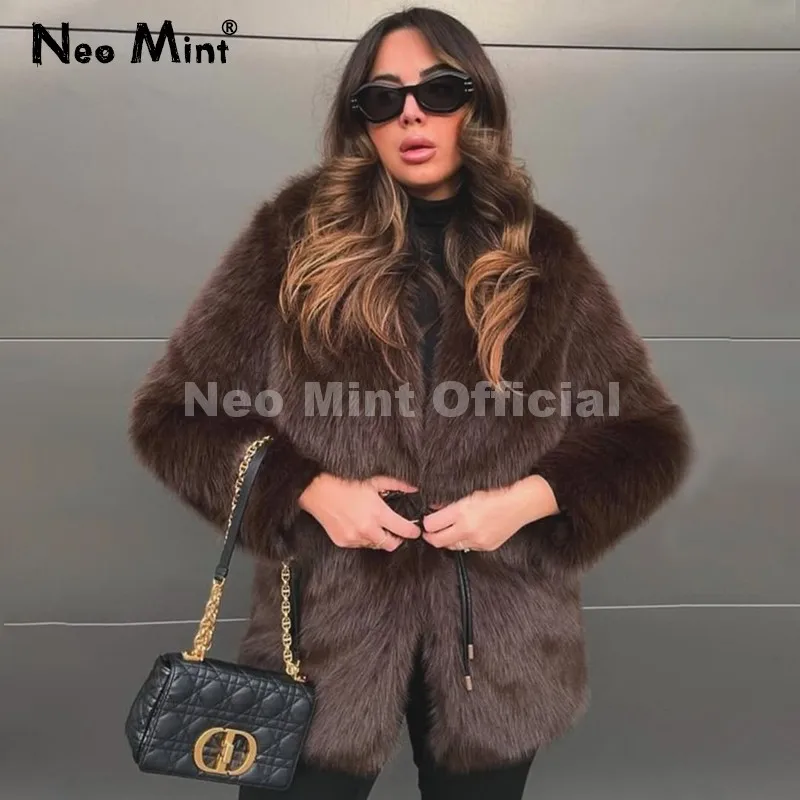 Neo mint 2025 inverno quente marrom com cinto casaco de pele do falso feminino grosso quente longo jaqueta de pele de raposa chique marca moda meninas casaco peludo