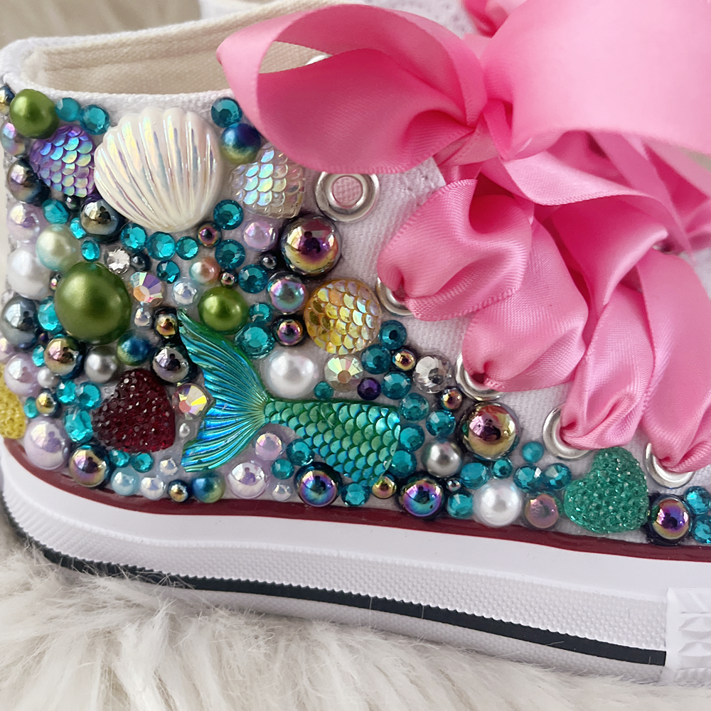 Doll bling Shell Simulation DIY Bling handgemachte Schuhe Leinwand Meerjungfrau Thema Kinder High Top Perlen Turnschuhe unter dem Meer Schuhe