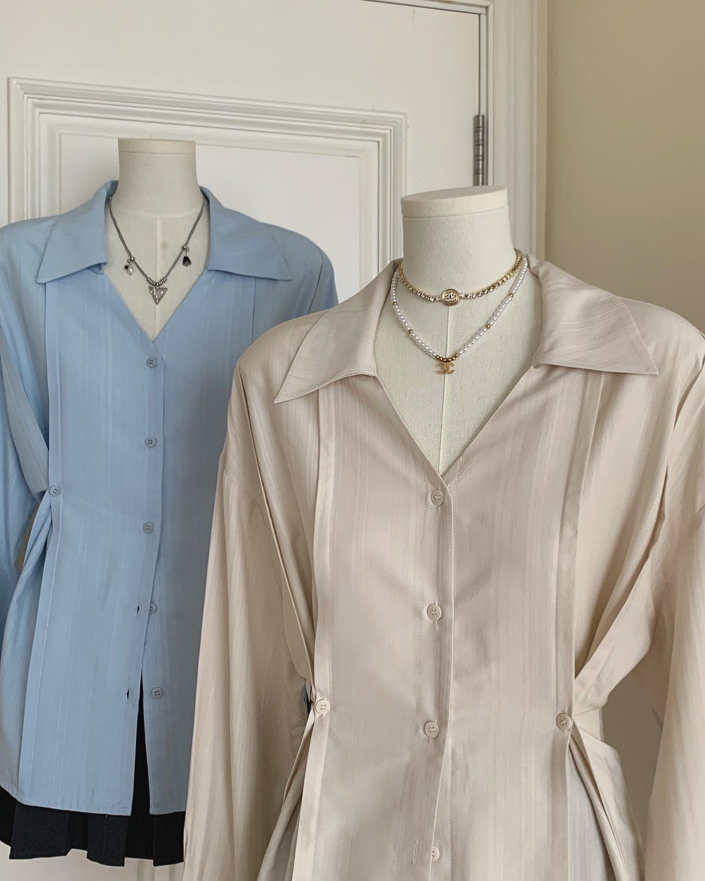 Maillard Blue American Vintage High Street อย่างเป็นทางการชุดเอวเสื้อออกแบบ Sense Lapel เผ็ดสาวปุ่มเสื้อด้านบน