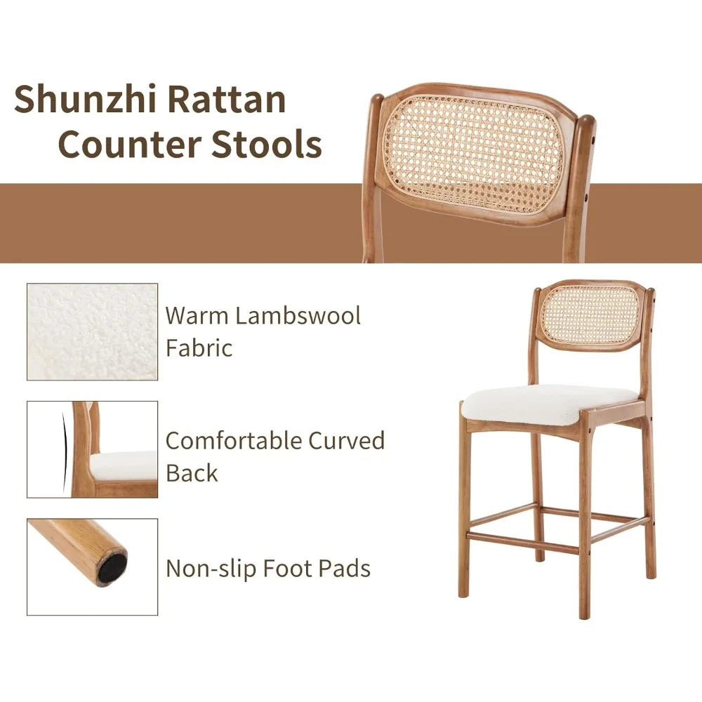 Rattan Bar Stools Set of 2 Upholstered Boucle Counter Stools Mid Century Modern Bar Chairs Wood Cane Back Kitchen Chairs Farmhou