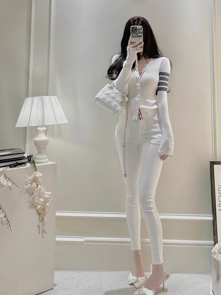 Cardigan F de Tricô Curto Sem Mangas com Decote em V Estilo Casual E Ajuste Slim Manga Longa para Primavera Outono