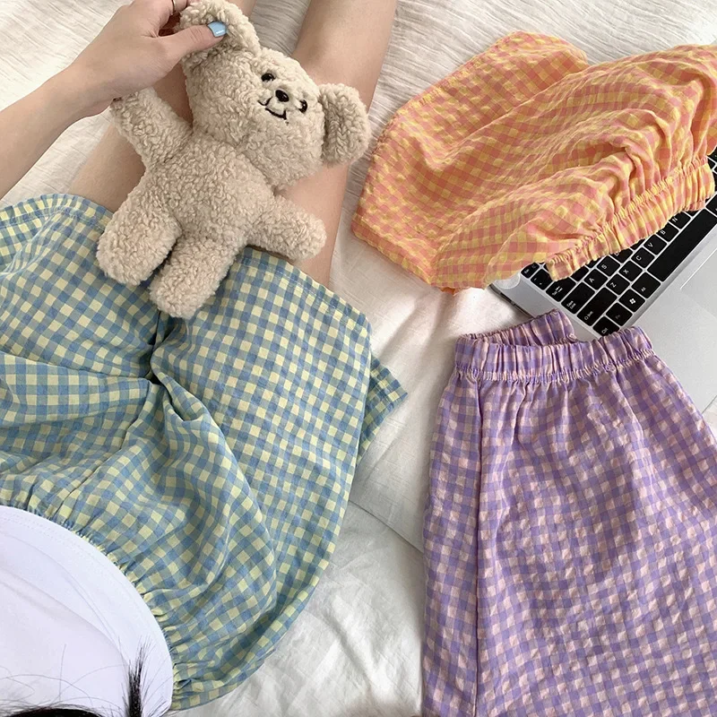 2024 novos shorts de verão pijamas de algodão feminino shorts bottoms calças macias xadrez impressão calças soltas das mulheres pijama pant