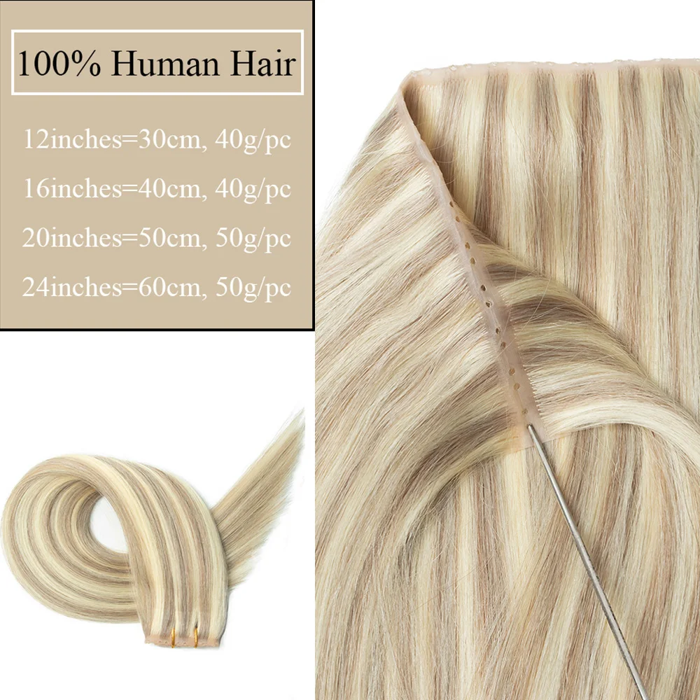 สีบลอนด์ที่มองไม่เห็น Hole Skin Weft ต่อผมมนุษย์ตรง Twin Tab Weft ผม 613 สีดําธรรมชาติสีน้ําตาล XO Hole Weft Extension