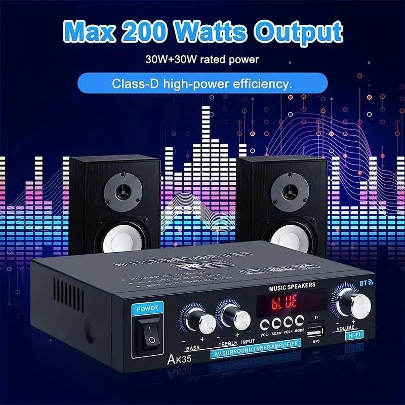AK35 800W Home Power Amplifiers 2 Channel Bluetooth 5.0 Surround Sound FM USB Remote Control Mini HIFI Digital Amplifier Stereo