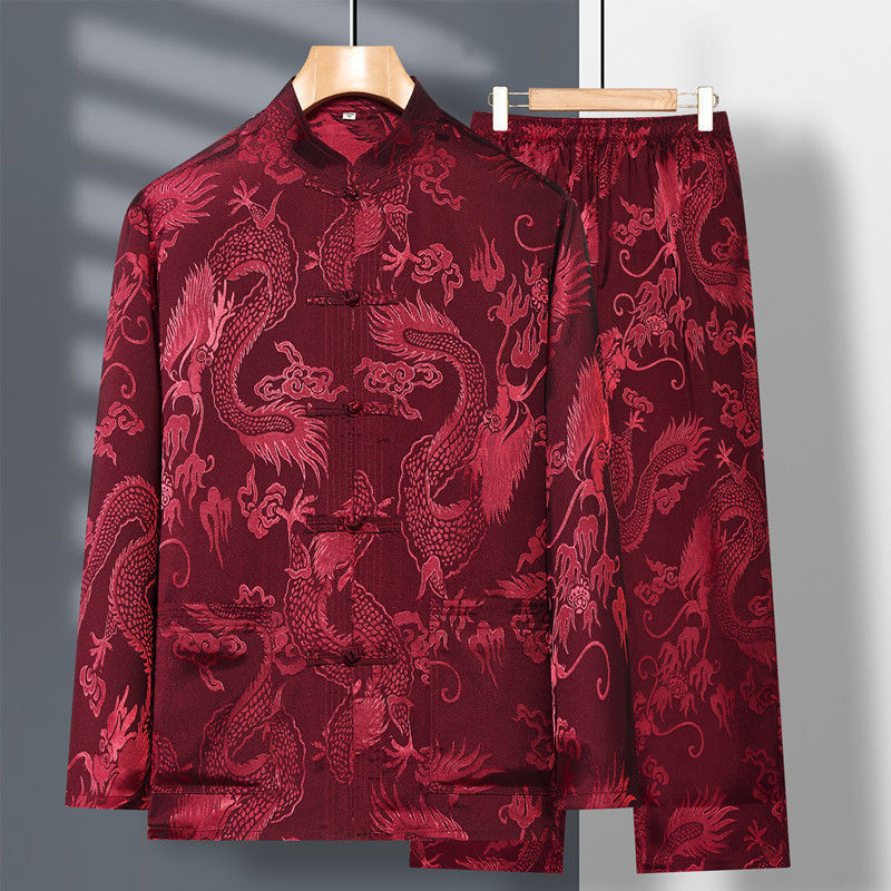 2024 frühjahr Neue Mittleren Alters Ältere Tang-anzug männer Langarm Satin Drachen Kung Fu Chinesischen Plus Größe Hemd Training kleidung
