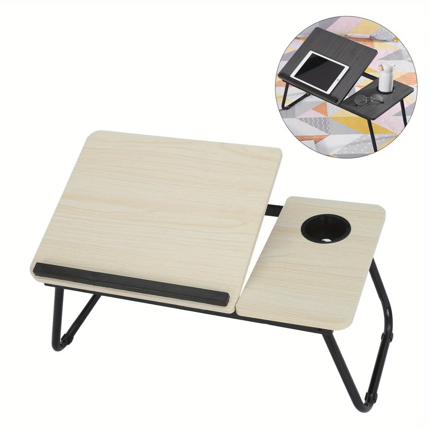 Compact Foldable Laptop Desk with Cup Holder - 55.12cm x 32.0cm x 24.89cm Portable Bedside Table for Reading, Breakfast