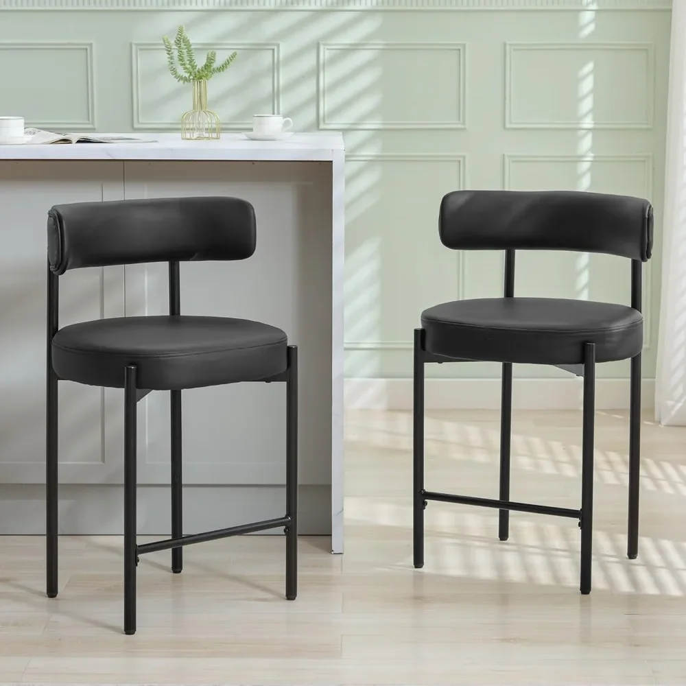 Counter Height Bar Stools, 24'' Black Bar Stools Set of 4, Faux Leather Counter Stools with Back, Mid-Century Modern Bar Stools