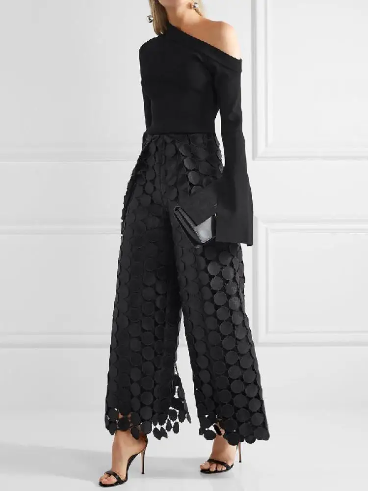 Yeezzi Frauen Mode Hohl Polka Dot Hohe Taille Breite Bein Hosen 2024 Neue Frühling Herbst Einfarbig Kausalen Büro Hosen