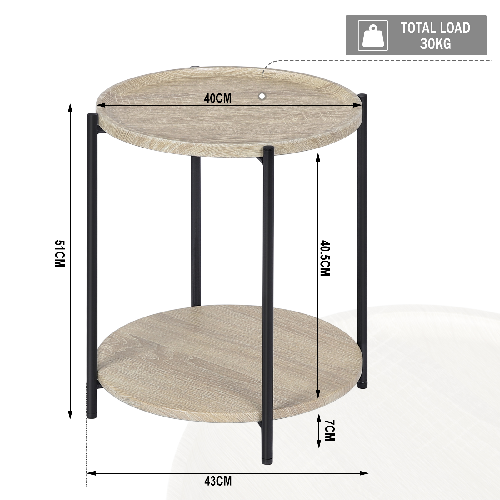 Mesa de centro redonda con 2 estantes, mesa extraíble, sofá, teléfono, mesita de noche de té para sala de estar, dormitorio y hogar