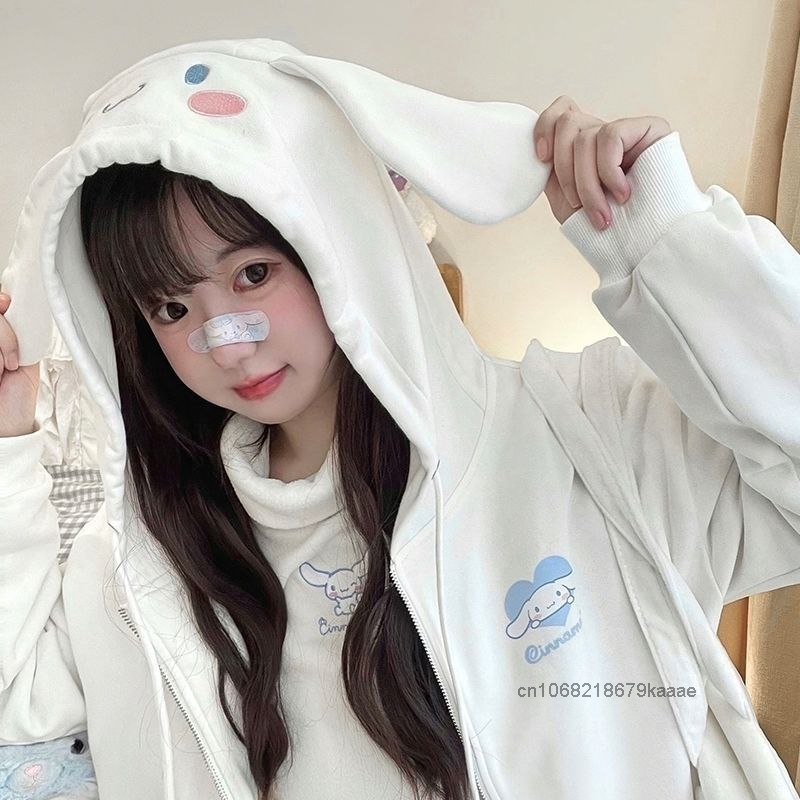 SANRIO Kuromi Cinnamoroll เสื้อมีฮู้ดปอมปอมพูรินสไตล์ญี่ปุ่นเสื้อโค้ทลำลองทรงหลวมแฟชั่นผู้หญิง Y2k น่ารักเด็กผู้หญิง