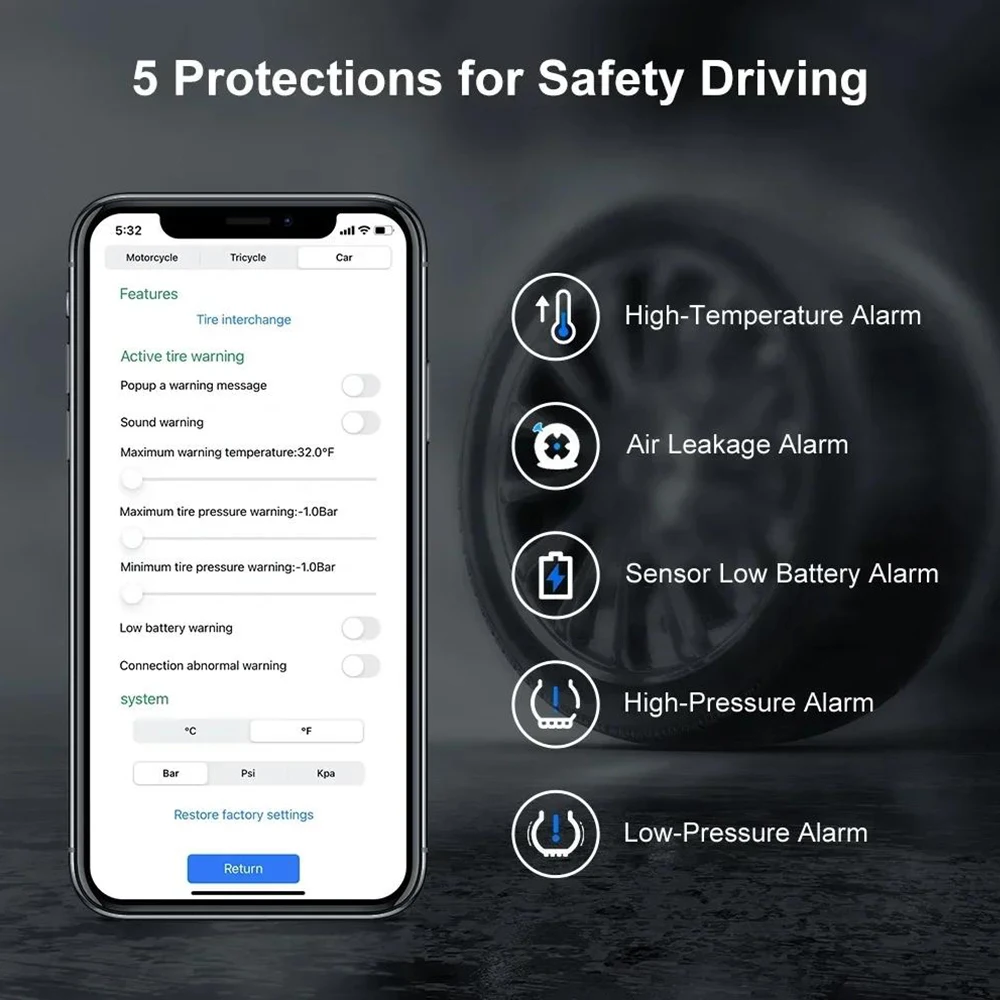 Sistema de supervisión de presión de neumáticos TPMS inalámbrico Bluetooth5.0 para motocicleta IP67 resistente al agua con 2 sensores externos compatible con Android/IOS