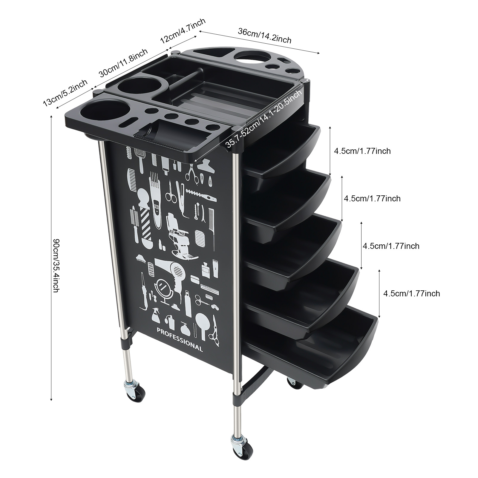 Carrello per salone, carrello da barbiere a 5 cassetti con supporto e ruote per asciugacapelli, supporto per asciugacapelli, spazi di lavoro puliti e organizzati
