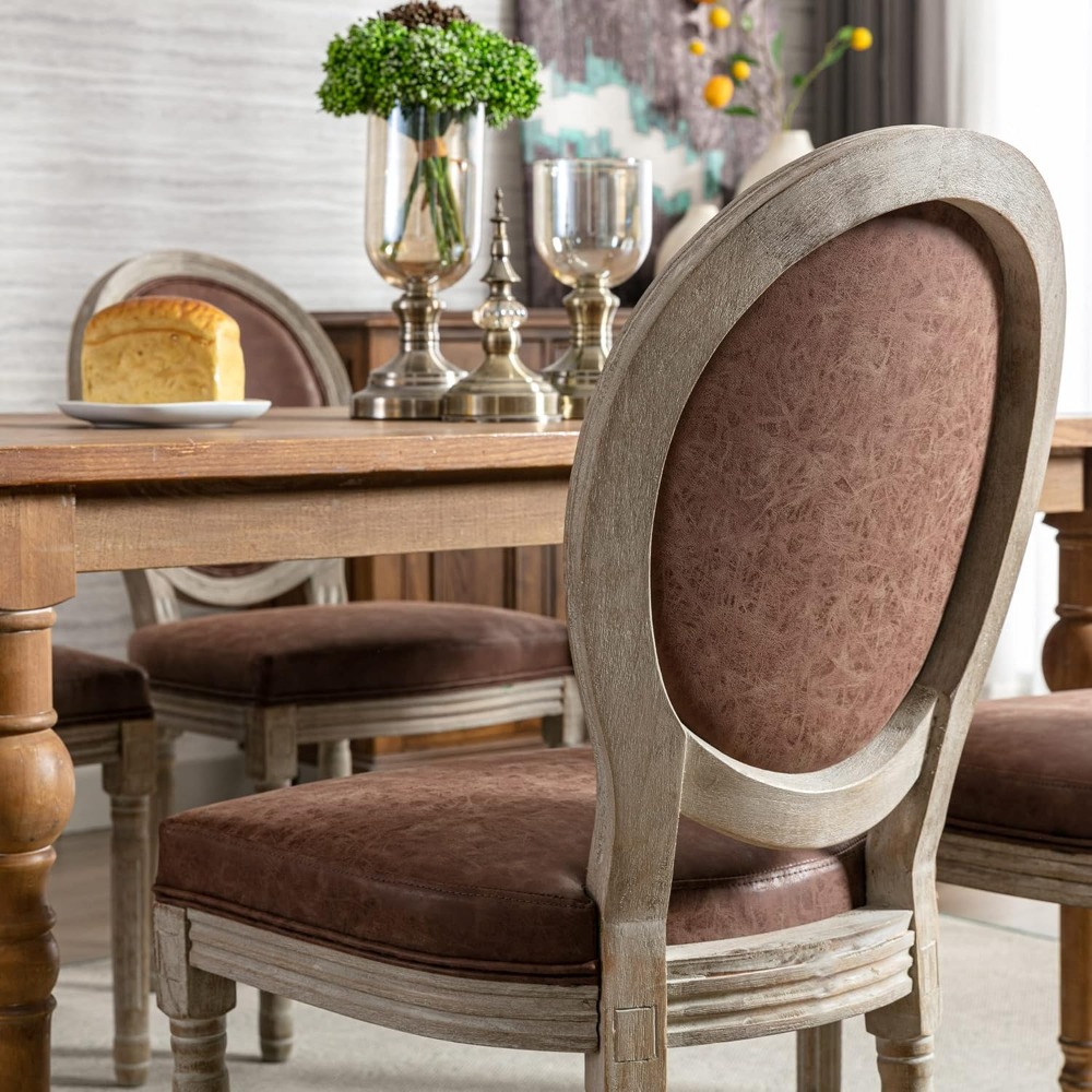 Farmhouse Leather Dining Chairs Set of 4, French Country Chairs with Round Back, Oval Side Chairs for Kitchen/Restaurant