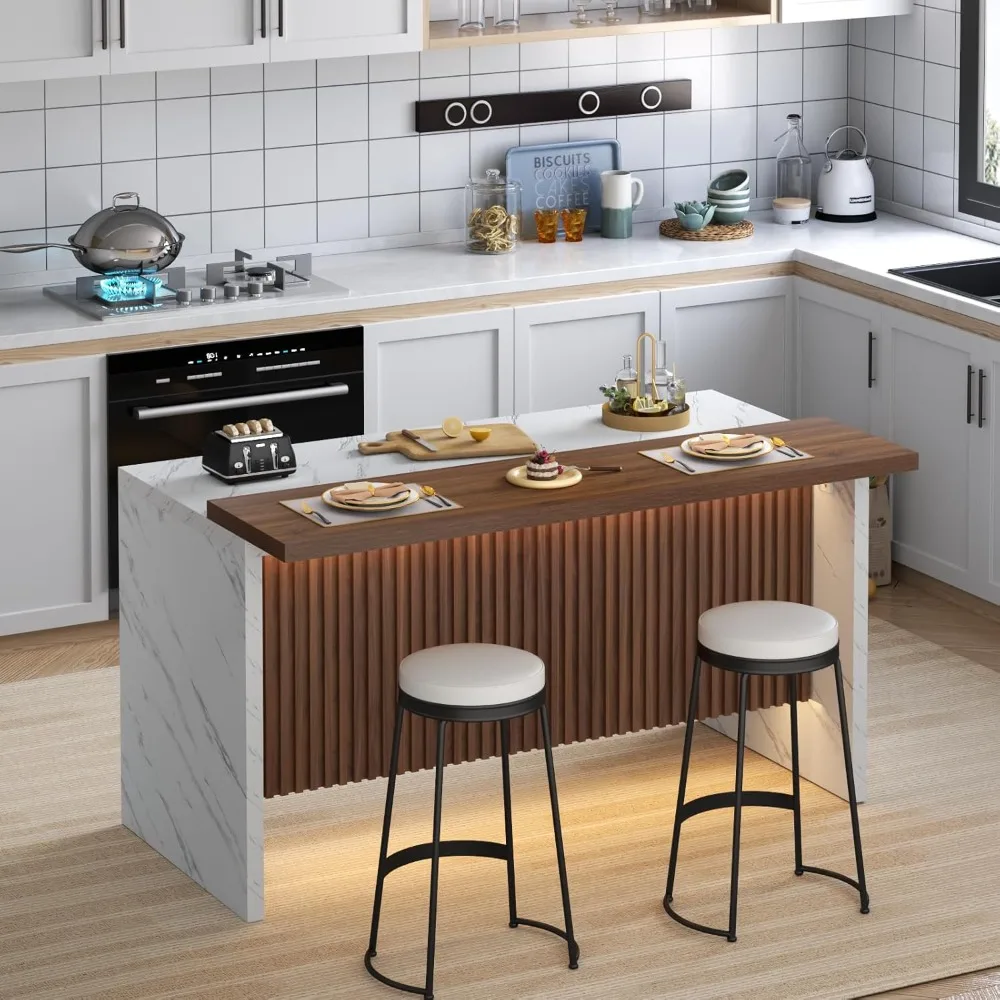 63" Large Imitation Marble Bar Table,Island Table with LED Lights,Mordern Marble Stripes Freestanding Mini Bar with Grille desig