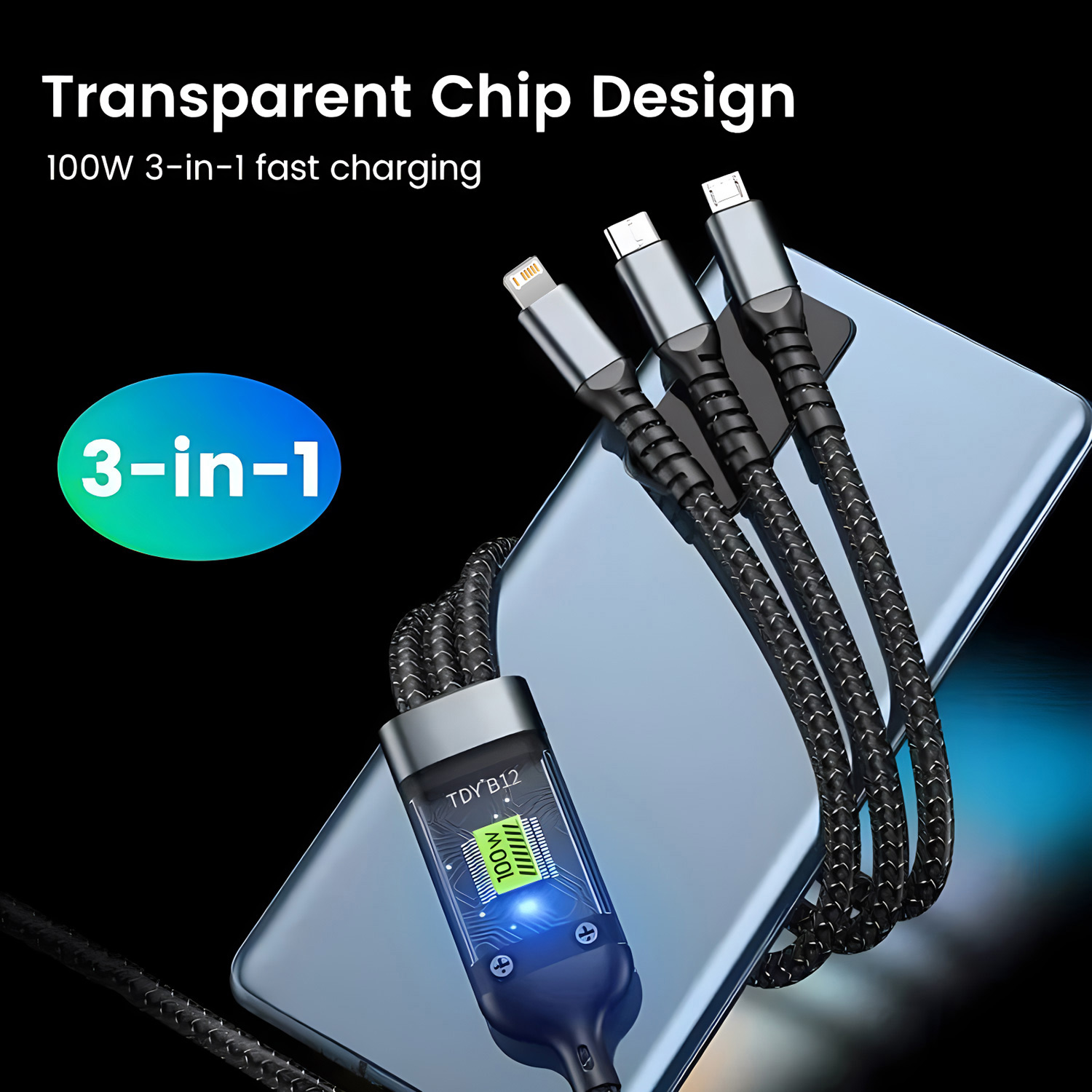 3 In 1 100w Transparent Fast Charging Cable Type C USB Micro For iPhone 15 Samsung Huawei Pilot Lamp Charger USB C 6A Data Cable