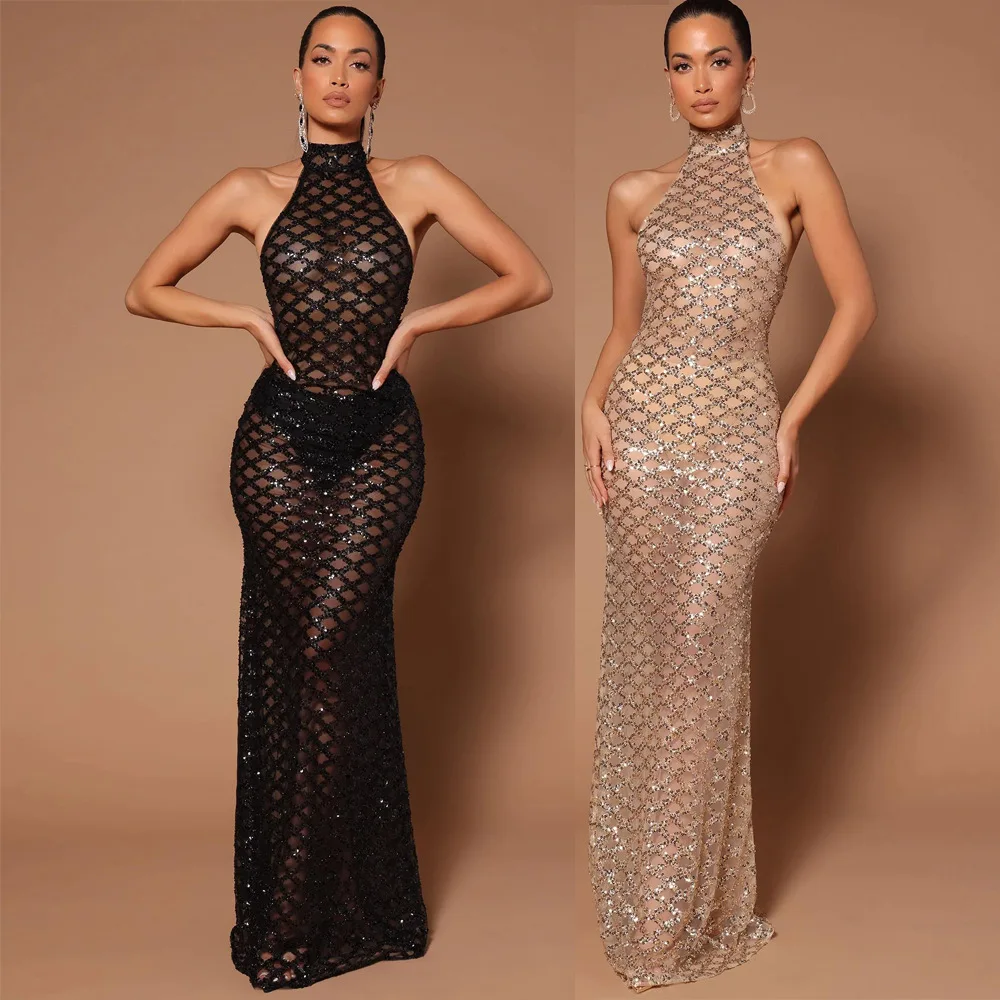 Vestido Sexy de fiesta con cuello Halter y espalda descubierta para mujer, vestido de fiesta de sirena ajustado con lentejuelas sin mangas a la moda, vestido largo liso elegante