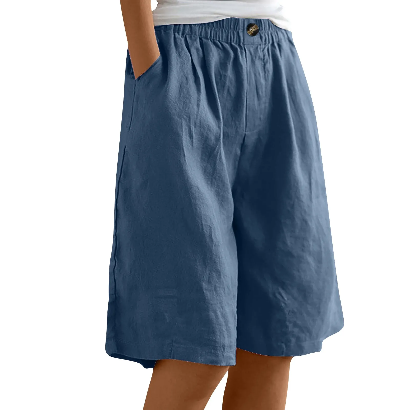 Calções elásticos de cintura alta, monocromáticos, de botões soltos, algodão, linho, cinco comprimentos, calças macias de conforto, moda feminina, verão