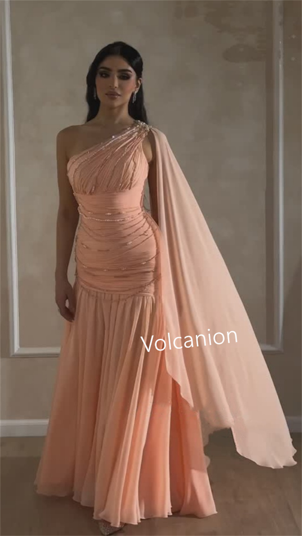 Maßgeschneiderte Chiffon-Faltenperlen, A-Linie, One-Shoulder-lange Kleider, maßgeschneiderter Anlass, Abschlussball, exquisite formelle Passform