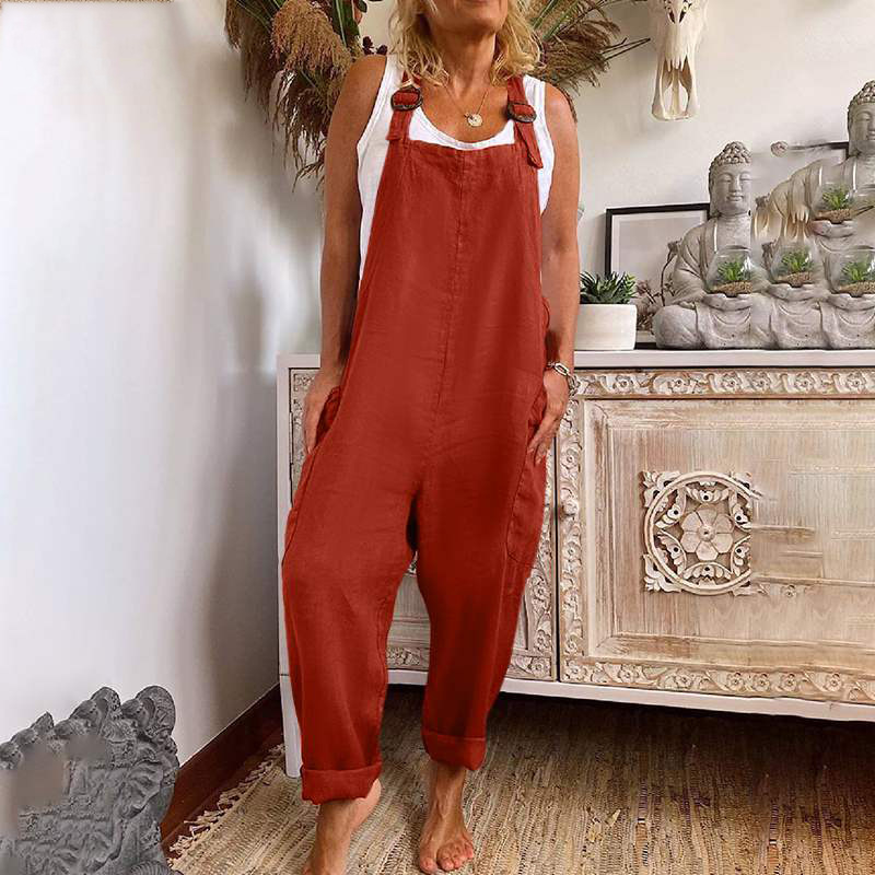 Kích Thước Lớn Vải Lanh Nữ Áo Liền Quần Casual Vintage Màu Trơn Không Tay Có Thể Điều Chỉnh Dây Rời Jumpsuit Yếm Áo Liền Quần