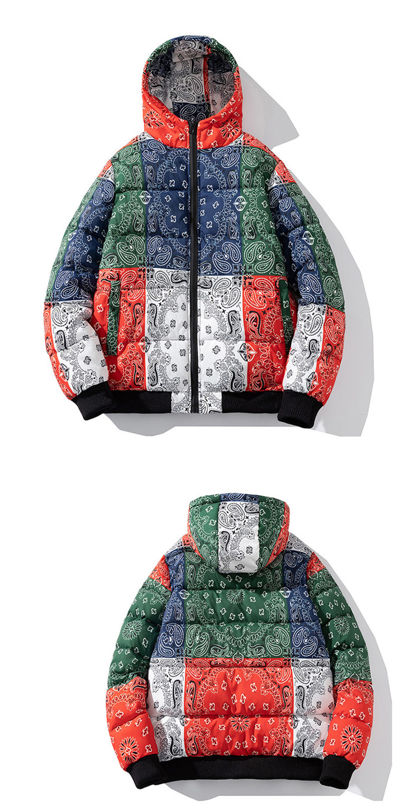 Winterjacke Herren Bandana Print Patchwork Baumwolle Gefütterter Mantel Dicke Warme Kapuze Varsity College University Oberbekleidung Neu 2024 Z1