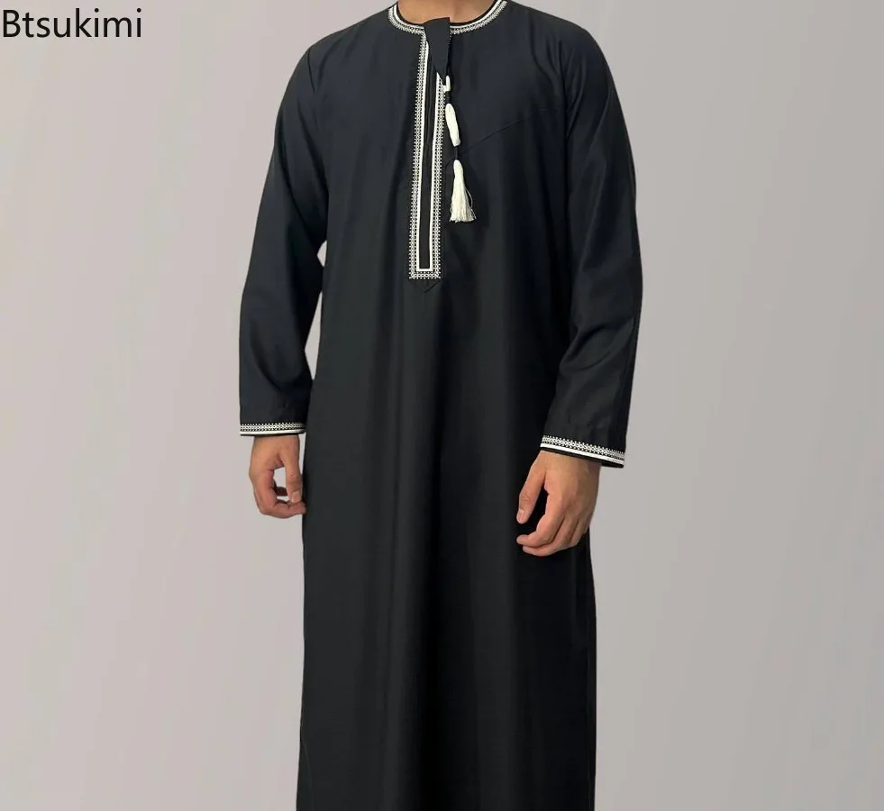Novo 2025 masculino muçulmano abayas vestido de manga comprida pulôver kaftan robe masculino jubba thobe paquistão árabe saudita caftan roupas islâmicas