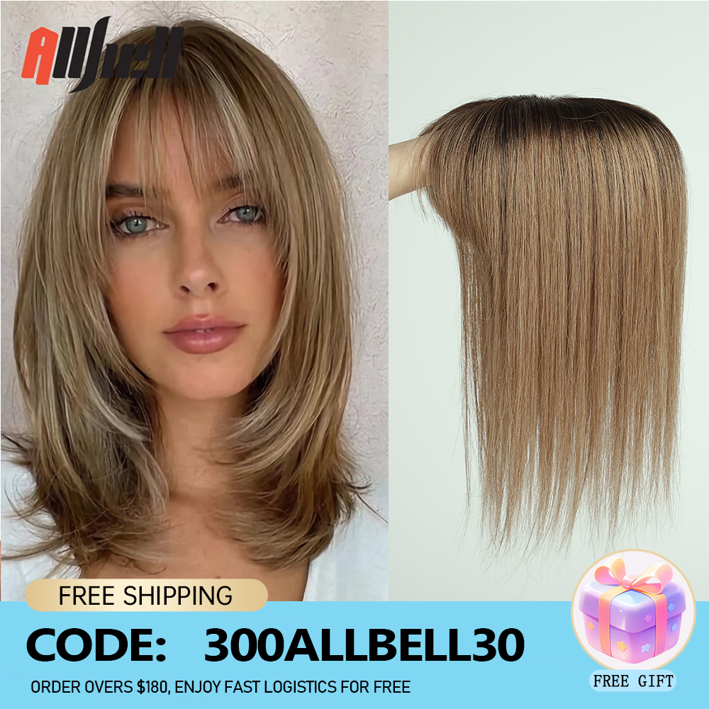 100% remy toppers de cabelo humano com franja 14in marrom ombre peças de cabelo humano para mulheres com desbaste cabelo base de seda clipe em topper