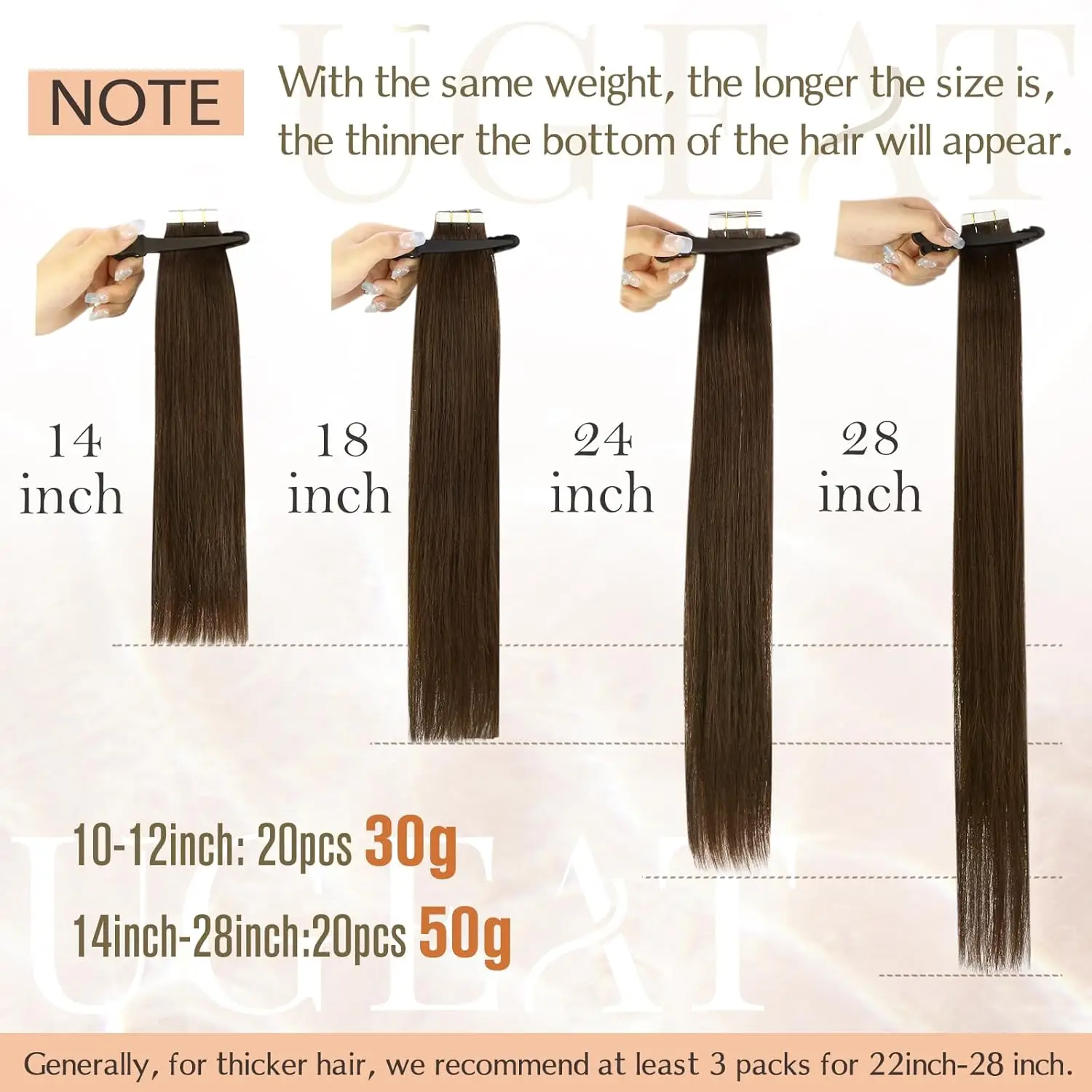 Ugeat fita em extensões de cabelo humano fita castanha em extensões para mulheres fita invisível castanho chocolate em extensões de cabelo real