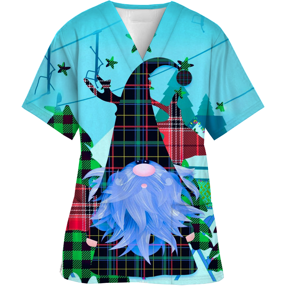 男性と女性のためのクリスマスプリントのVネックスクラブトップ、綿のブラウス、外科医の作業服、医療ユニフォーム、医師と看護師のスクラブトップ