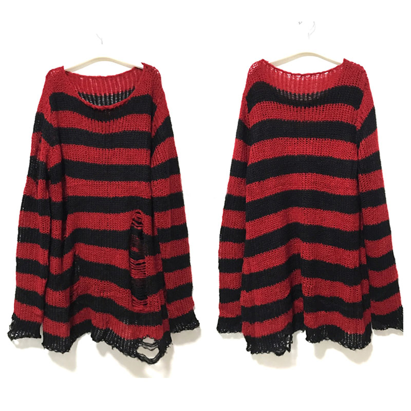 Nieuwe Punk Gothic Lange Unisex Trui Zomer Vrouwen Gestreept Cool Hollow Out Hole Gebroken Jumper Losse Rock Dunne Donkere Streetwear Top