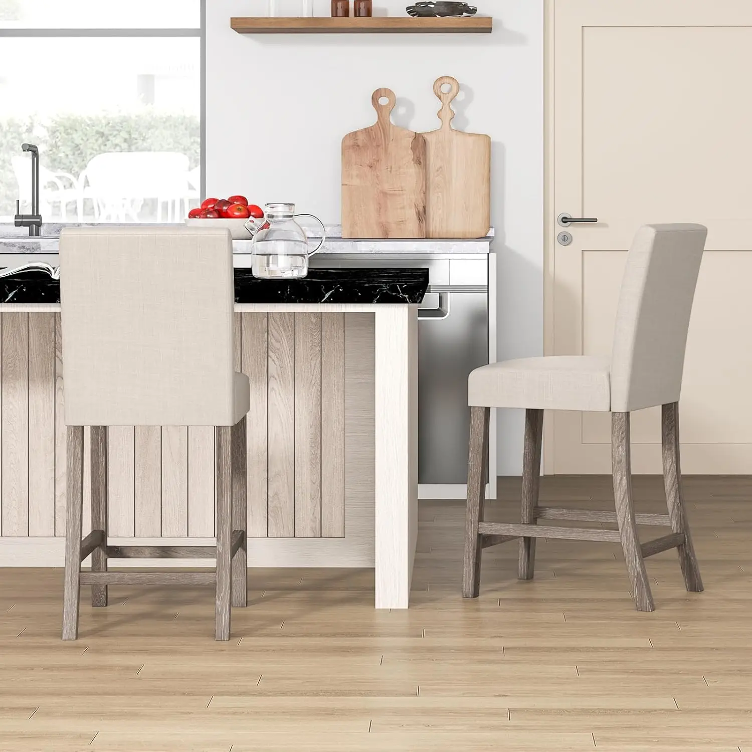 Bar Stools Counter Height Set of 2, 24.5" Modern Fabric Bar Chairs with Back, Footrest & Solid Wood Legs, Upholstered Wo