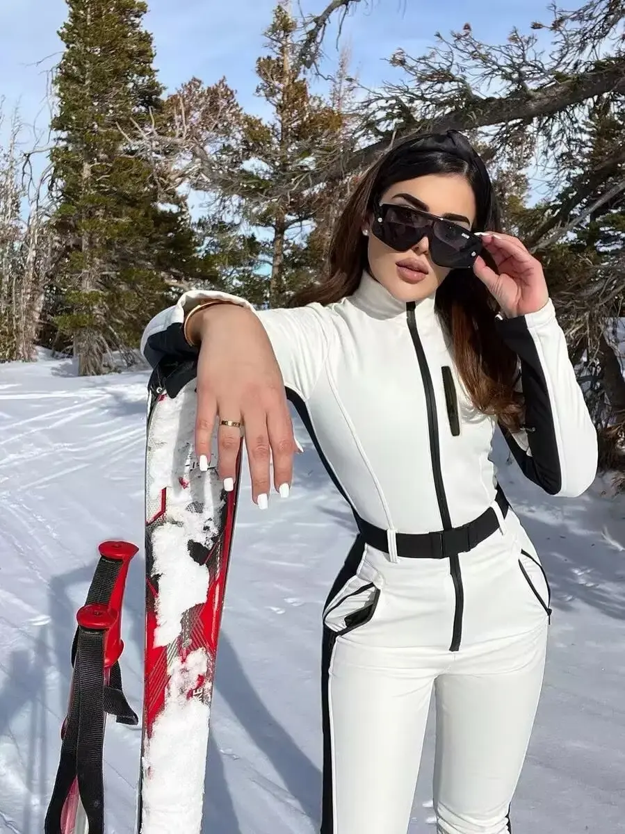 2025 feminino elegante skate de uma peça velo esqui bodysuit feminino manga longa à prova dwindproof água à prova de vento retalhos macacões de esqui