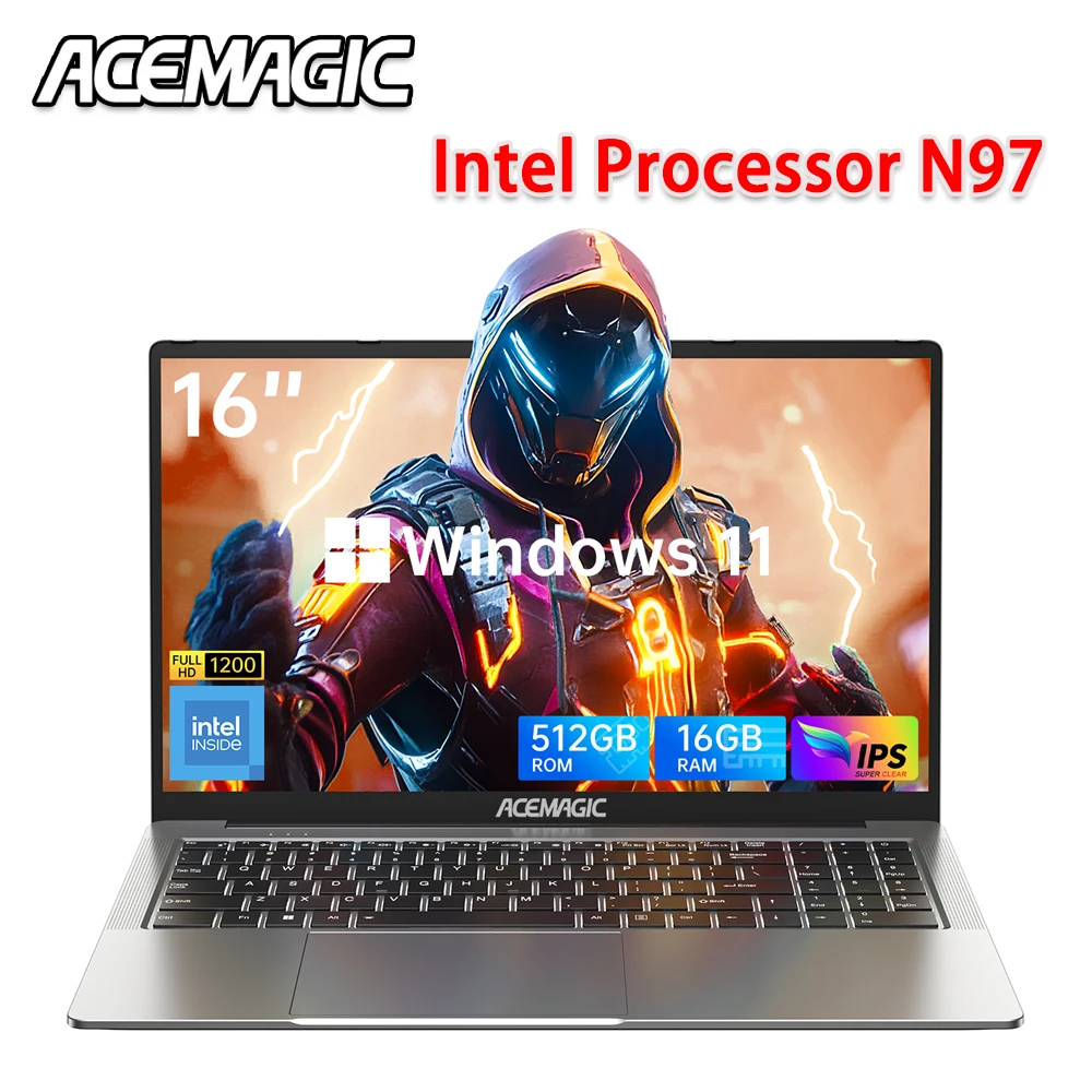 16-Zoll-Ultraschlankes Laptop, 16 GB RAM, 512 GB SSD, Intel N97 Notebook-Gamer, 1920 x 1080, Display, Büro, Arbeitszimmer, Computer, PC, Windows 11