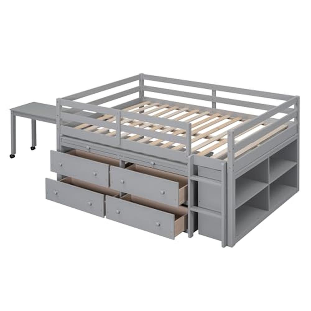 Children's Loft Bed with Desk and Storage Drawers Full Size Modern Wooden Loft Bunk Bed Gray Loft Bed with Shelves Sturdy Kids