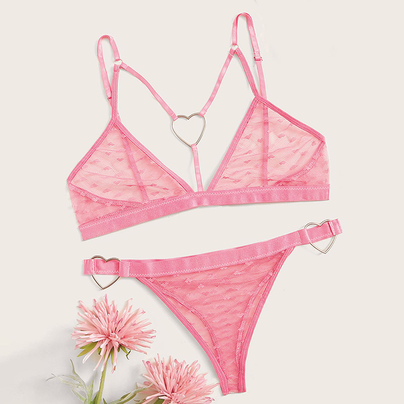 Сексуальный комплект с бюстгальтером и принтом сердца, комплект нижнего белья с кольцами, эротическое белье, комплект из 2 предметов, женское нижнее белье, сетчатый интимный прозрачный комплект без косточек