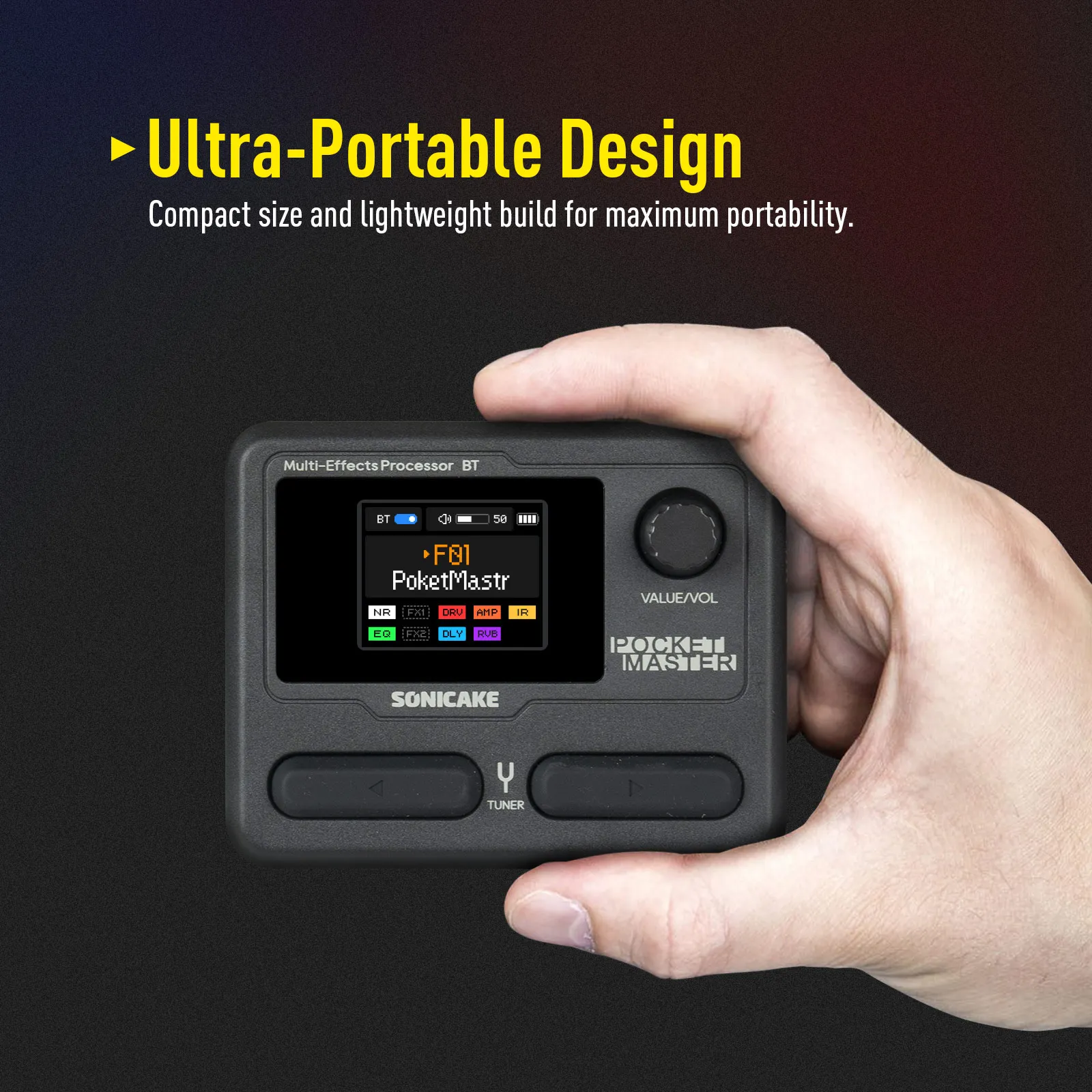SONICAKE Pocket Master Compact Guitar Bass Amp 100+ Multi-Effects Pedal APP Control 1.77" LCD color screen QME-10