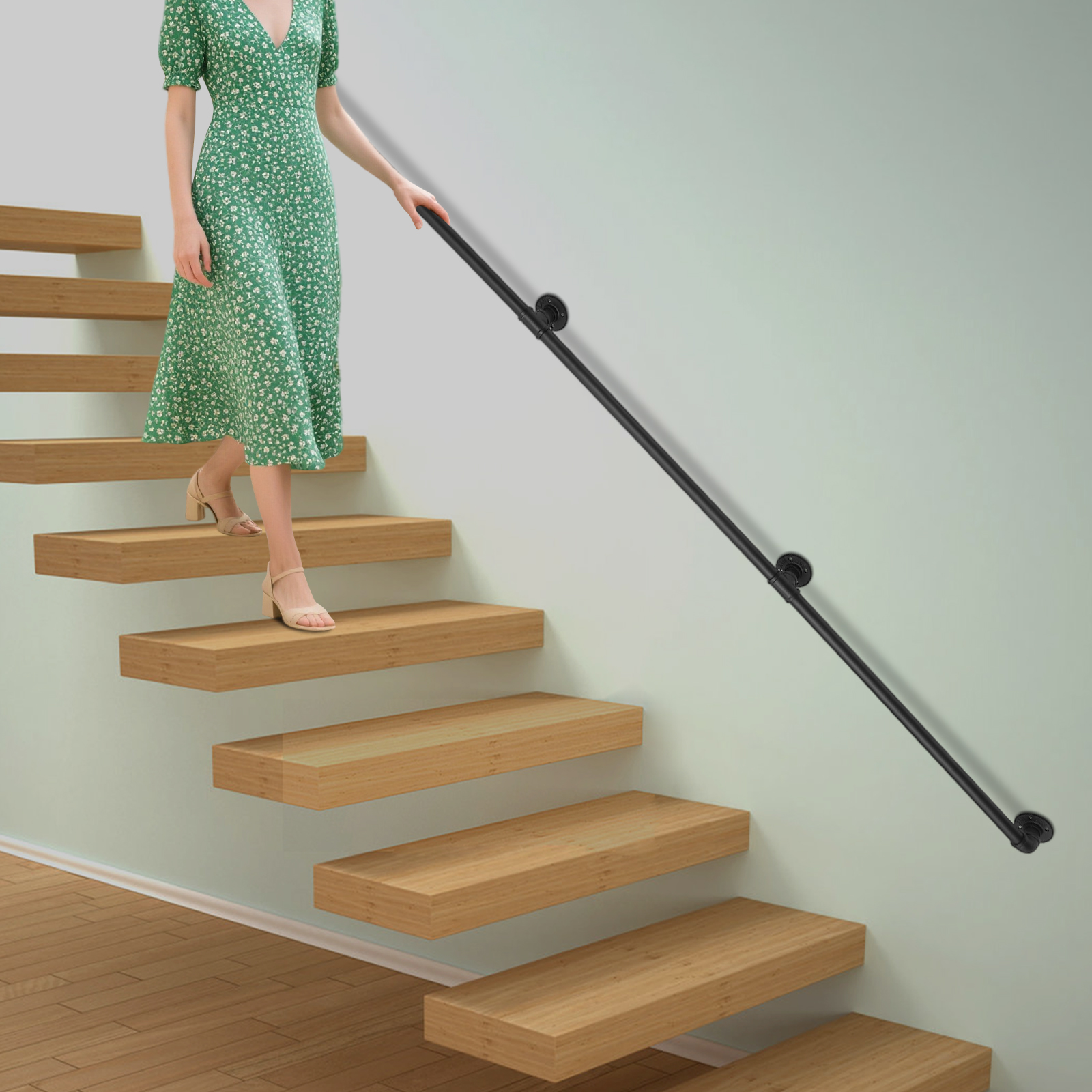 An der Wand montierte Handlaufrohre aus verzinktem Eisen, 2,4 m langer Treppenhandlauf, Geländer für Innenrohre, Treppengeländer mit Wandmontageunterstützung