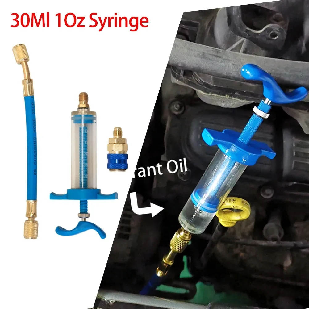 Car A/C Oil/Dye Injector 30Ml 1Oz with Low Side Quick Coupler Adapter 1/4 Air Conditioning Automotive Oiler Injection Syringe